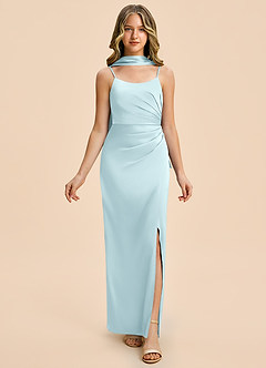 Azazie Calandra Junior Cloud Blue Sheath Pleated Stretch Satin Dress image5