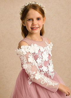 Azazie Lilah vestidos de niña de las flores Vestido Rosa Polvorienta de Tul de Línea A con Encaje image6