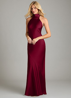 Azazie Velli Bridesmaid Dresses Burgundy Mermaid High Neck Stretch Satin Dress image1