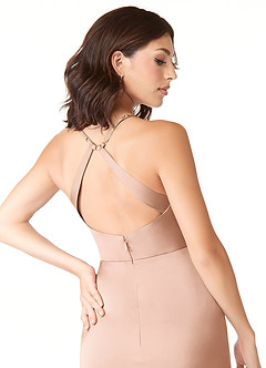 Azazie Geanna Robes de demoiselle d'honneur Robe Fourreau en Satin extensible Col V plissé Or Rose image6