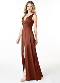 Azazie Nelly Bridesmaid Dresses Clay A-Line V-Neck Pleated Stretch Satin Dress image3