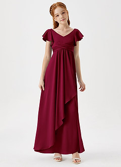 Azazie Omari Junior Burgundy A-Line Pleated Stretch Satin Dress image3