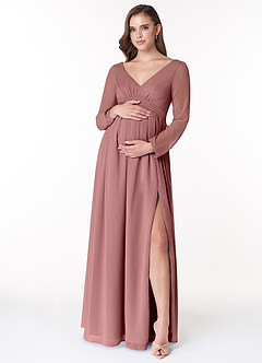 Azazie Teton Robes de demoiselle d'honneur de maternité Robe Trapèze Manche longue Longueur ras du sol Mousseline de soie image1