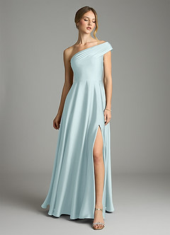 Azazie Melanie 신부 들러리 드레스 A라인 오프 더 숄더 스트레치 새틴 바닥 길이 드레스 image3