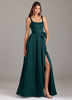 Azazie Elliott Bridesmaid Dresses Pine A-Line with Pockets Stretch Satin Dress image1