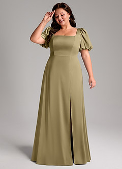 Azazie Fyona Vestidos de damas de honor Vestido de Musgo Verde de Satén Elástico de Corte en A con Plisado image11