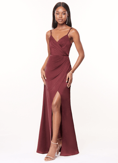 Azazie Maci Bridesmaid Dresses Merlot A-Line V-Neck Pleated Stretch Satin Dress image3