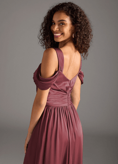 Azazie Lianne Bridesmaid Dresses Merlot A-Line Off the Shoulder Stretch Satin Dress image4