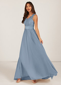 Azazie Gertrude Abiti da Damigella Abito A-Line in Chiffon Pizzo Blu Polveroso image3