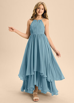 Azazie Elliora Junior A-Linie Plissee Chiffon Kleid Stimmungsvolles Blau image1
