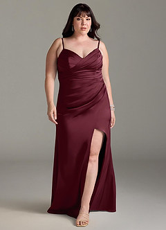 Azazie Yola Vestidos de damas de honor Vestido de Cabernet de Satén Elástico de Corte Recto Convertible con Cuello en V Plisado image9