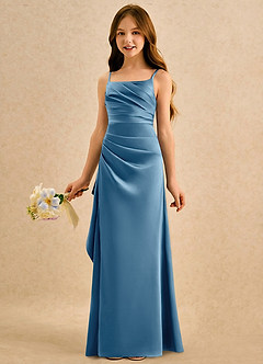 Azazie Cannoli Girls Formal Blumenmädchenkleider A-Linie Plissee Matte Satin Kleid Stahlblau image5