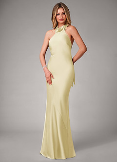 Azazie Velli Bridesmaid Dresses Lemon Sorbet Mermaid High Neck Stretch Satin Dress image3