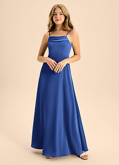 Azazie Anselie Junior Vestido de Azul Real de Satén Elástico de Corte En A con Vestidos sin tirantes image3