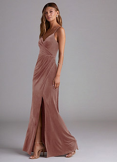 Azazie Maci Bridesmaid Dresses Rustic Rose Sheath Pleated Velvet Dress image3
