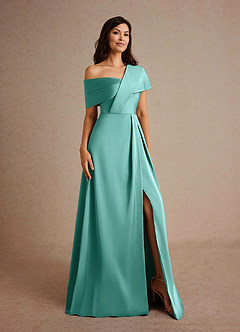 Azazie Milton Mother of the Bride Dresses Aqua A-Line Pleated Stretch Satin Dress image8