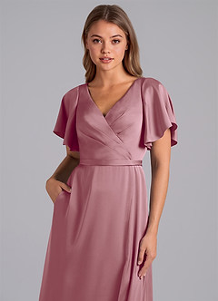 Azazie Ambrosia Bridesmaid Dresses Vintage Mauve A-Line Pleated Stretch Satin Dress image2