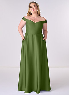 Barbie ♥ Azazie Robes de demoiselle d'honneur Robe Trapèze Convertible en Satin extensible Épaule décolletée Genévrier image6
