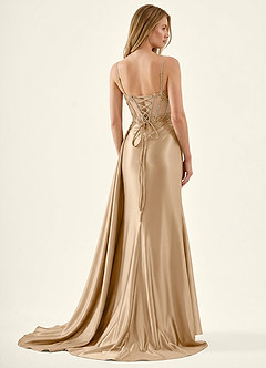Celestianora Champagne Corset Stretch Satin Mermaid High Slit Prom Dress image2