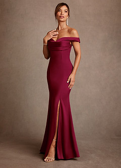 Azazie Boone Moeder van de bruid jurken Zeemeermin Jurk van Stretch Satijn Off the Shoulder Bourgondië image4