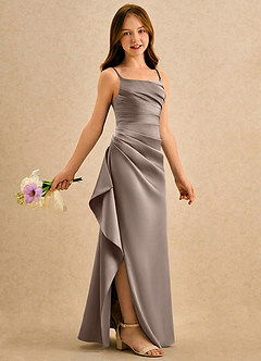 Azazie Cannoli Girls Formal Robe Demoiselle D'honneur Fillette Robe Trapèze en Mat Satiné Plissée Taupe image1