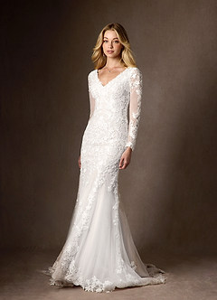 Azazie Dulce Amor Wedding Dresses Diamond White Mermaid V-Neck lace Tulle Dress image7