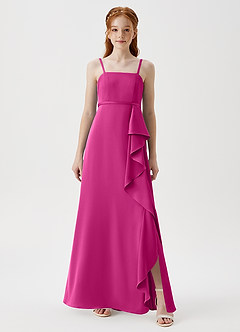 Azazie Kaylee Junior Fuchsia A-Line with Belt Stretch Satin Dress image3