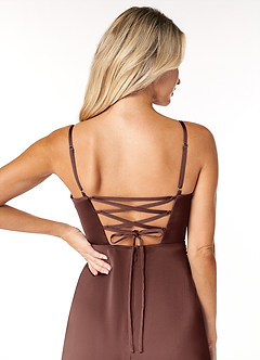 Azazie Marchella Abiti da Damigella Abito A-Line in Raso Elasticizzato Corsetto Espresso image6