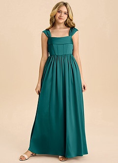 Azazie Hattie Junior Abito A-Line in Raso Elasticizzato Plissettato Verde Pavone image8