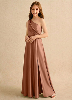 Azazie Puddles Girls Formal Abiti da Ragazza di Fiori Abito A-Line in Raso Elasticizzato Monospalla Bronzo image4