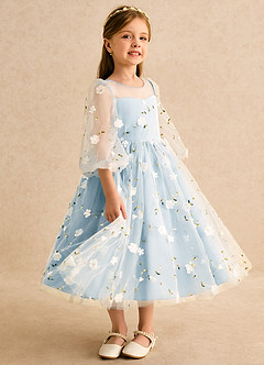 Azazie Elowen Robe Demoiselle D'honneur Fillette Robe Trapèze en Dentelle Encolure en Forme de Cœur Bleu Ciel image4