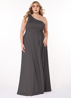 Azazie Brooke Vestidos de damas de honor Vestido de Gris Acero de Malla de Corte En A con Hombro unilateral image6