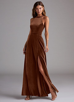 Azazie Clarice Jurken voor bruidsmeisjes Jurk van flueel met A-Lijn Zijsplit Omber image3