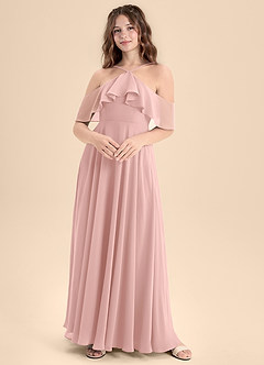 Azazie Tessabelle Junior Robe Trapèze en Mousseline de soie Épaule décolletée Rose Poudré image1