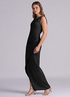 Azazie Kali At-home Try On Dresses Black Sheath Pleated Stretch Satin Dress image3