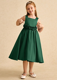 Azazie Peaches Flower Girl Dresses Dark Green A-Line Bow Matte Satin Dress image4