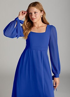 Azazie Leonia Junior Vestido de Azul Real de Gasa de Corte en A con Con bolsillos image5