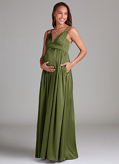 Azazie Emree Maternity Bridesmaid Dresses A-Line Stretch Satin Floor-Length Dress with Pockets image3