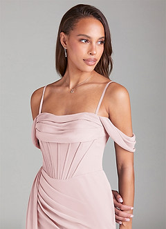 Azazie Amyra Bridesmaid Dresses Blushing Pink Sheath Off the Shoulder Chiffon Convertible Dress image6