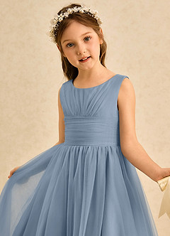 Azazie Macaron Jurken voor bloemenmeisjes A-Lijn Jurk van Tule Geplooid Stoffig Blauw image5