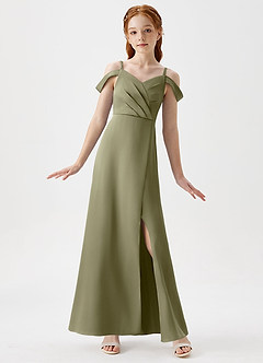 Azazie Ocean Junior Pistachio A-Line Off the Shoulder Stretch Satin Dress image1
