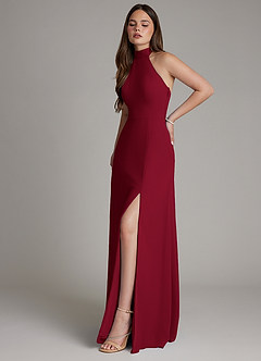 Azazie Myra Bridesmaid Dresses Burgundy A-Line High Neck Chiffon Dress image6