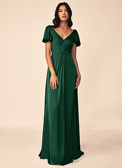 Azazie Soren Bridesmaid Dresses Dark Green A-Line Pleated Stretch Satin Dress image1