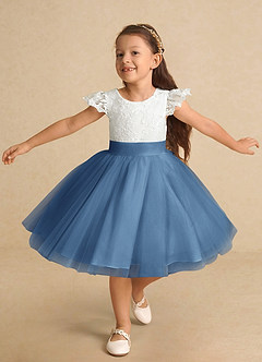 Azazie Vetty Flower Girl Dresses Ivory Steel Blue A-Line Lace Tulle Dress image5