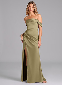 Azazie Lisbeth Jurken voor bruidsmeisjes Converteerbaar Jurk van Stretch Satijn met Zeemeermin Off the Shoulder Mosgroen image1