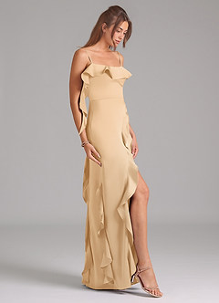Azazie Malia Bridesmaid Dresses Gold A-Line Side Slit Stretch Satin Dress image5