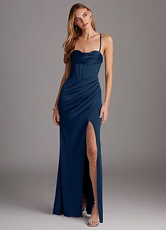 Azazie Brookelle Bridesmaid Dresses Dark Navy Sheath Sweetheart Corset Stretch Satin Dress image4