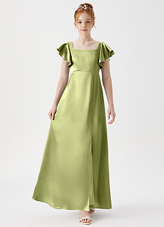 Azazie Bondi Junior Pistachio A-Line Side Slit Metallic Satin Dress image4