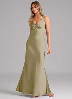 Azazie Kamila Bridesmaid Dresses Moss Green A-Line Pleated Stretch Satin Dress image3