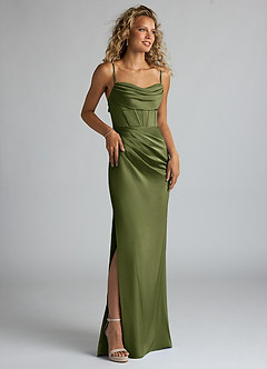 Azazie Mai Bridesmaid Dresses Olive Sheath Pleated Stretch Satin Dress image3